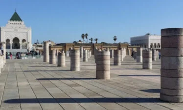 ruins of 12th century mosque pillars in Rabat - gallery image for 7 day Morocco Tour from Rabat to Marrakesh - Historic Sites, Saharan Sights - 1 week Morocco itinerary