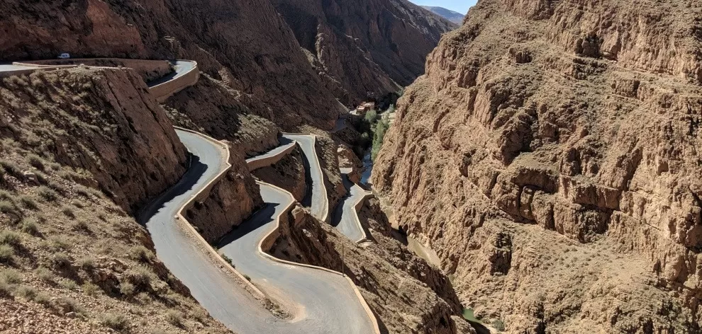 overlooking winding road with sharp hairpin turns in Dades Valley