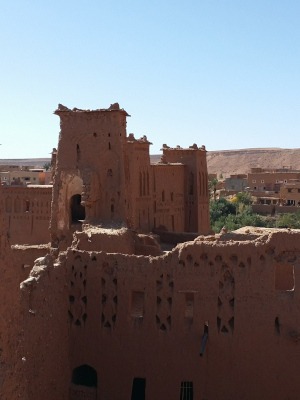 view of mud-brick buildings with carved decoration at Kasbah Ait Ben Haddou
