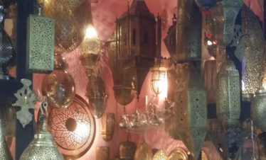 cut-metal lamps in a shop in the Fes medina