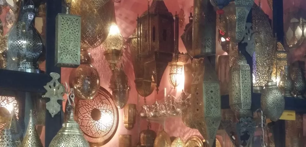 cut-metal lamps in a shop in the Fes medina