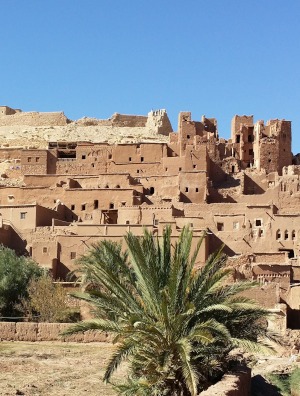 Ait Ben Haddou - view of kasbah on hill as seen from below - mud brick buildings