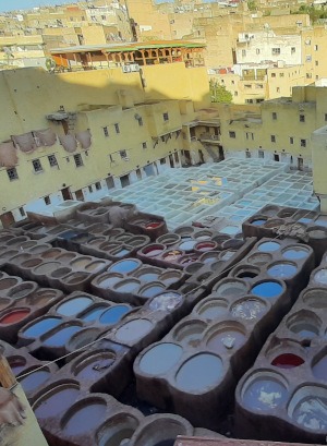 Fes-overlooking dye-pits at famous Fes tanneries