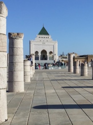 Rabat-open square with pillars from 12th century unfinished Hassan mosque, view of mausoleum of Mohammed V in distance